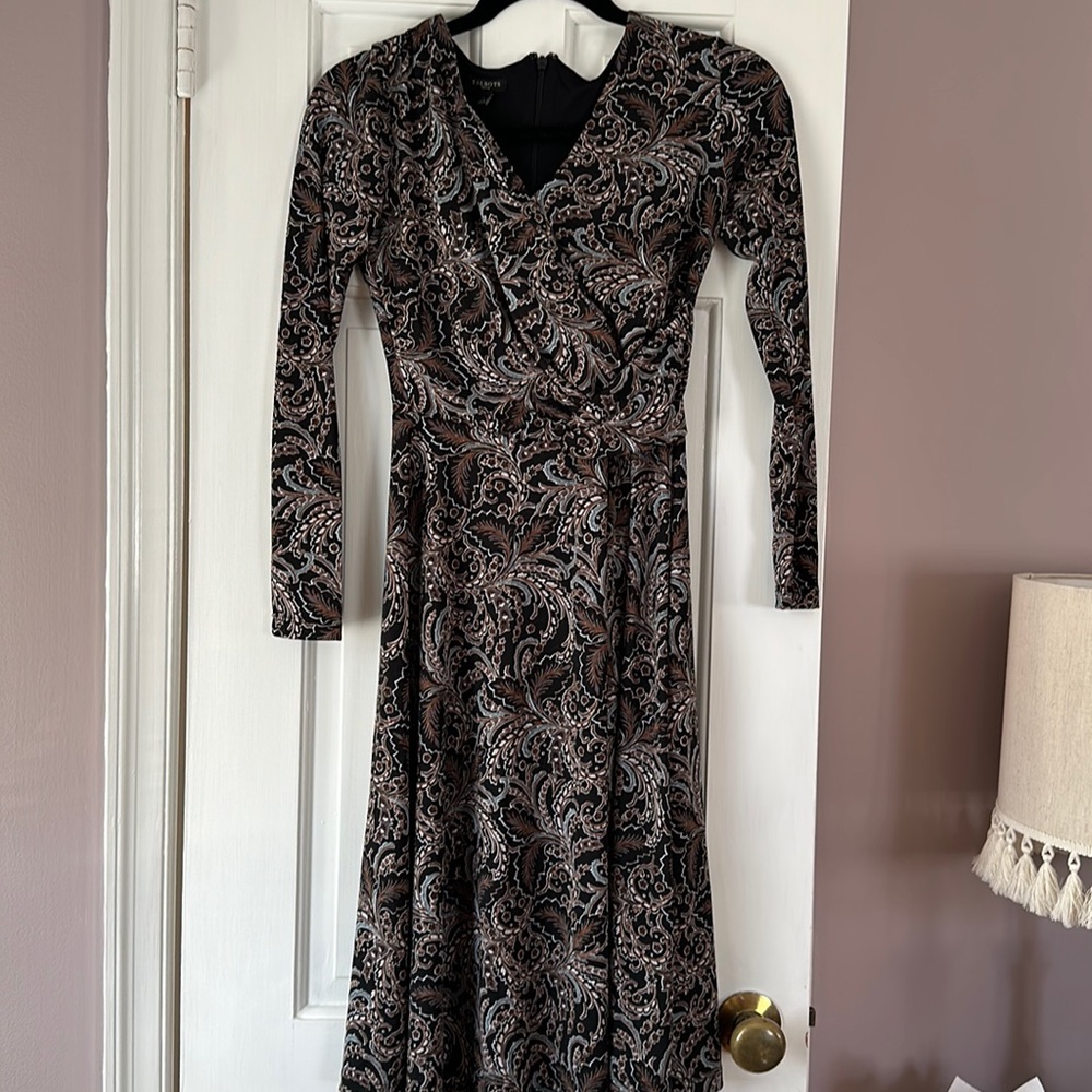 Beautiful brown paisley faux wrap long sleeve dress Talbots